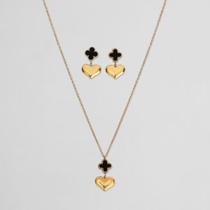 Set Dorado Collar y Aretes Corazón Negro